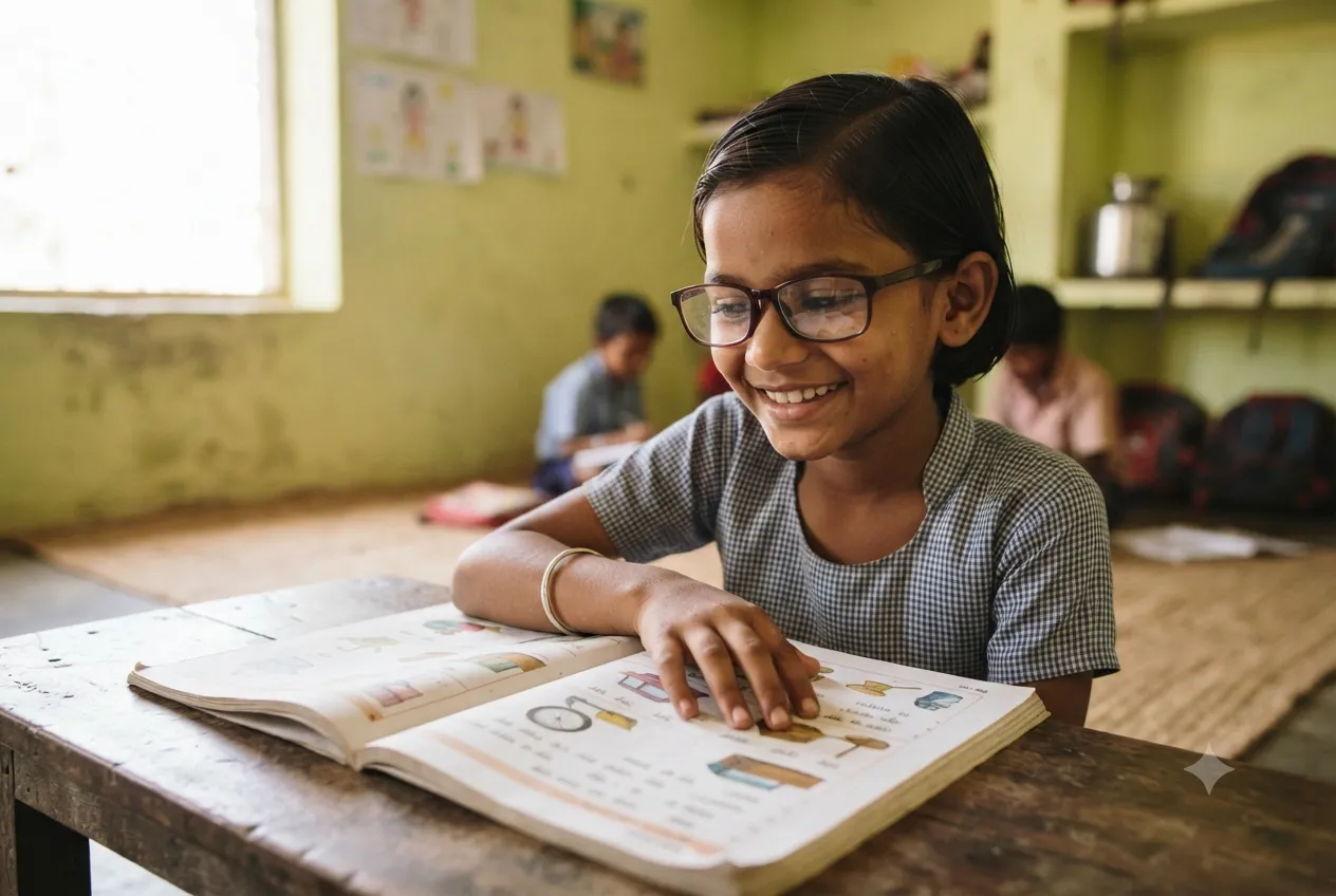 Beneficiary smiling after receiving glasses